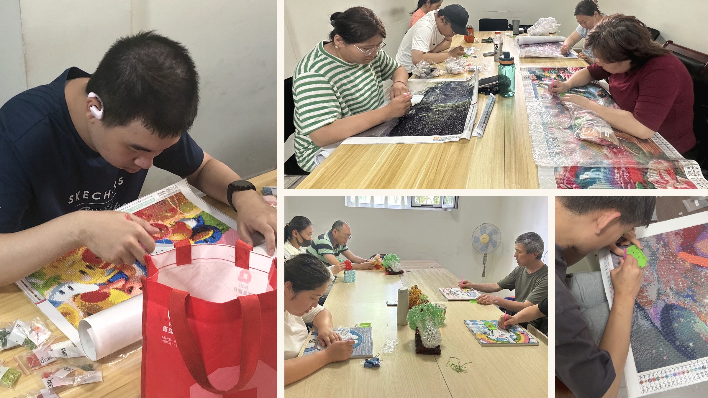 Collage of AbilityMade artisans making diamond paintings in a workshop